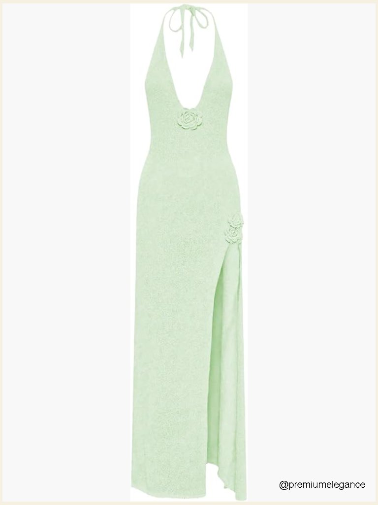 Women's Backless Maxi Dress With Flower Bow Halter Neck Bodycon